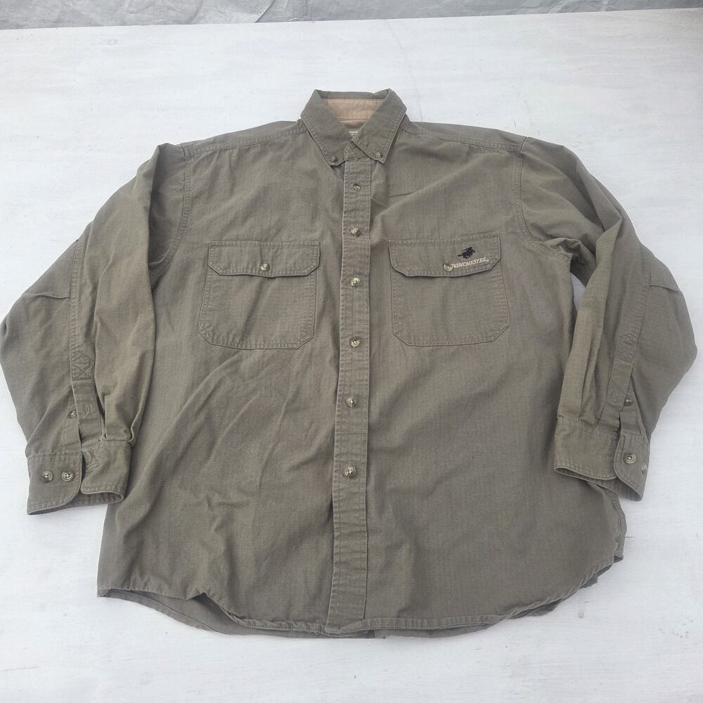 WINCHESTER Long Sleeve Button Up Shirt Mens Large RipStop Green Hunting Pockets